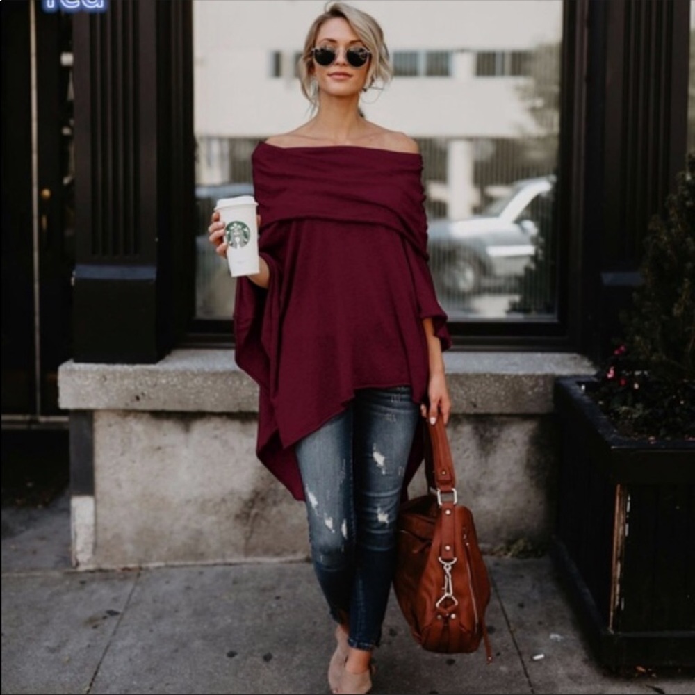 Off-Shoulder Top Sweater/Cape / Poncho - Picture 4 of 8